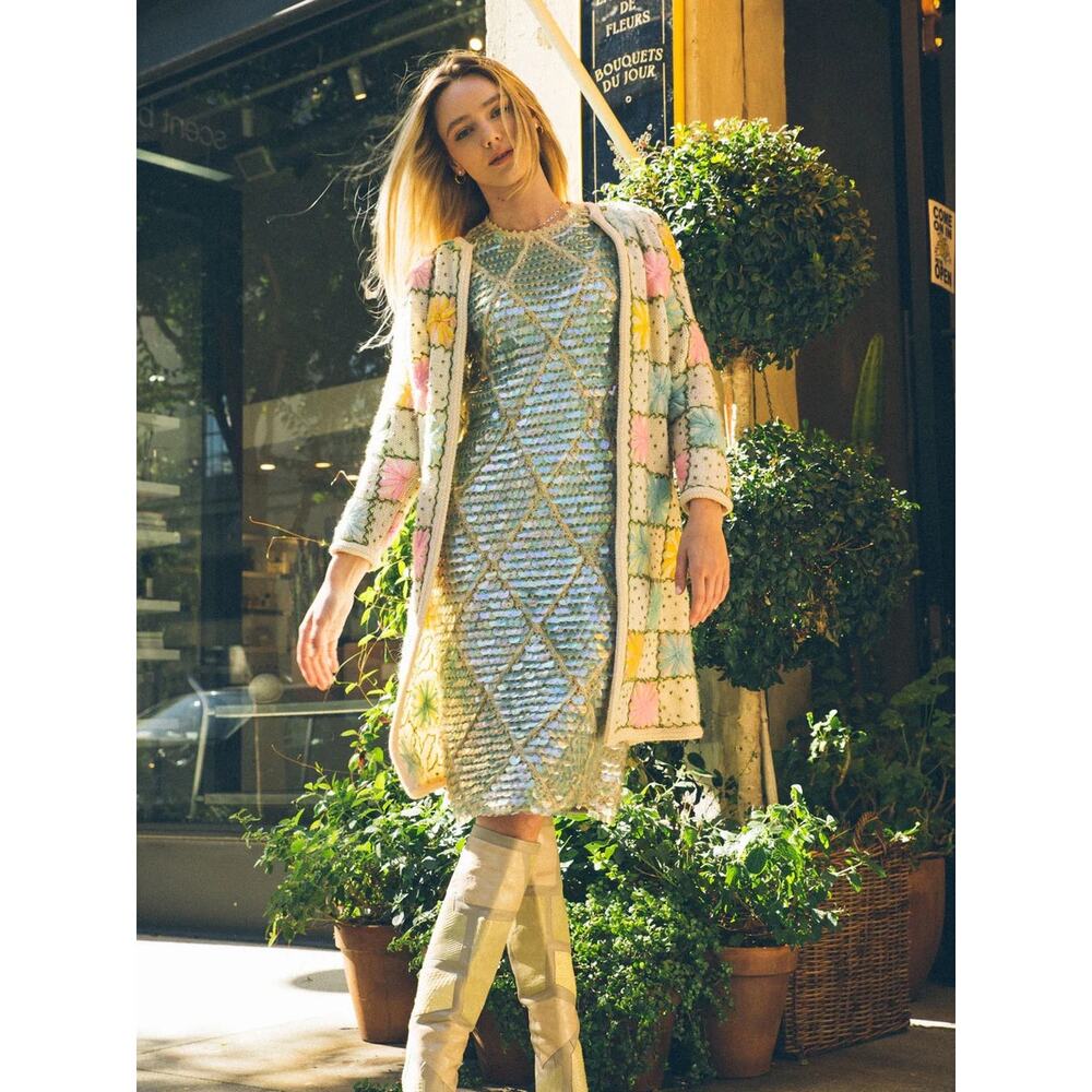 Vintage Lilly of California Granny Square Midi Cardigan Retro | Pastel | SZ M/L